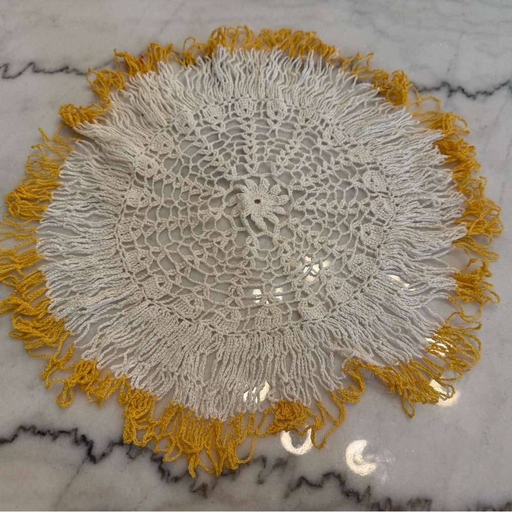 Handcrafted White and Yellow Crochet Doily